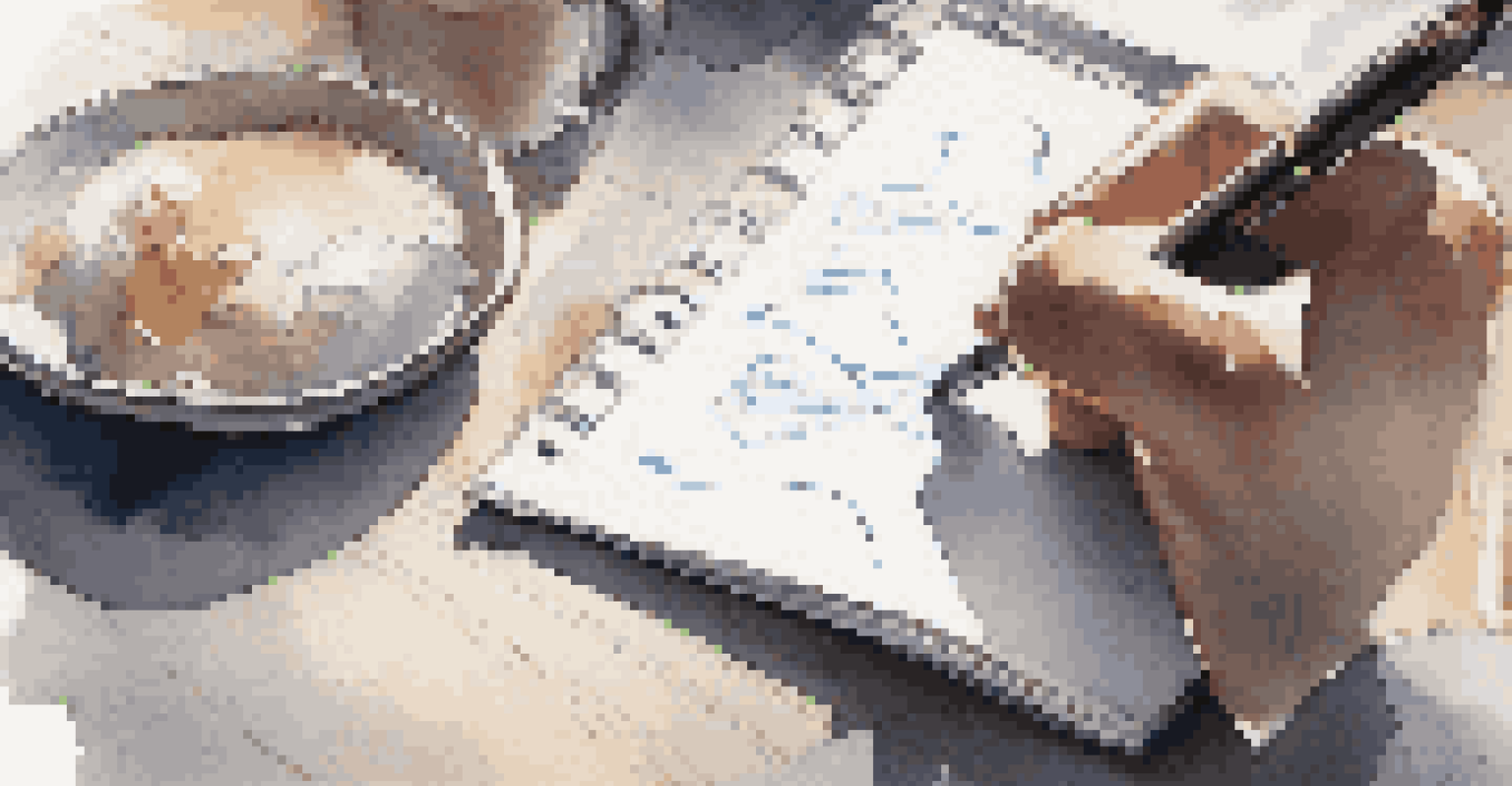 Close-up of hands writing on a notepad filled with sketches, with a coffee cup nearby, illuminated by soft light.