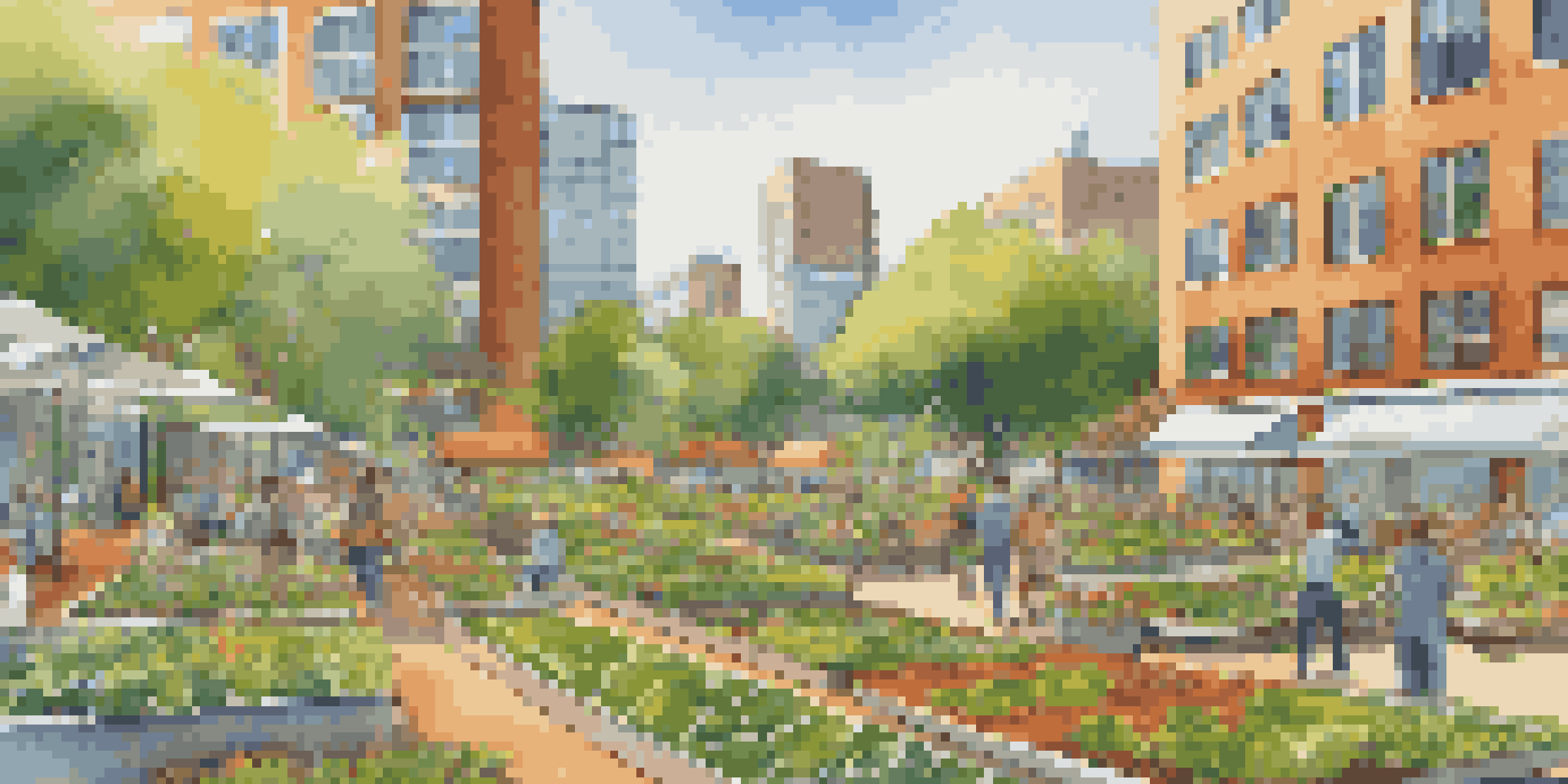 A lively cityscape with a community garden in the foreground and eco-friendly office buildings in the background, under golden sunlight.