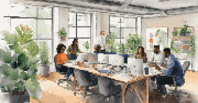 A diverse team of professionals collaborating in a bright office with laptops and notepads, showcasing teamwork and open communication.