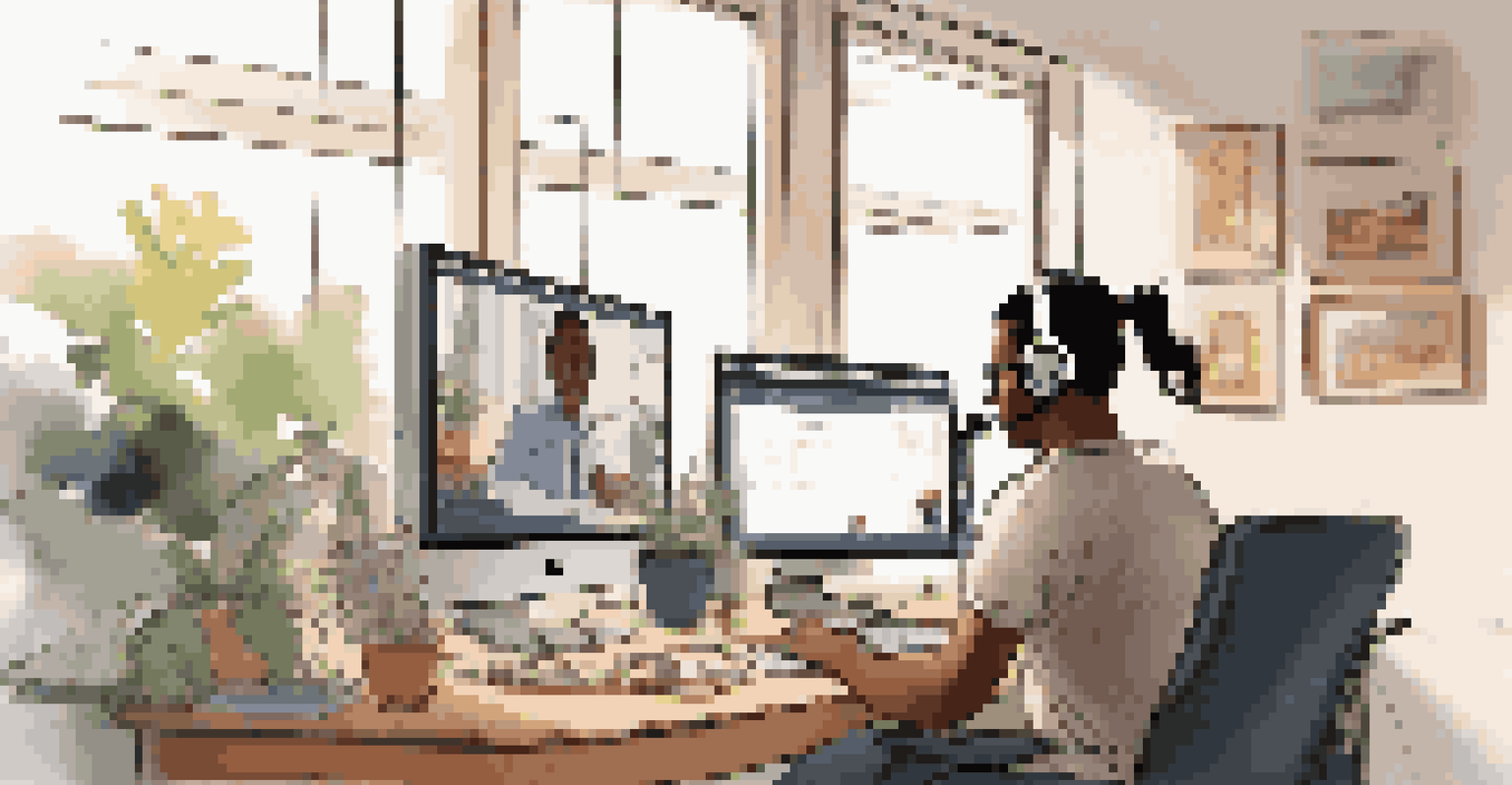 A modern workspace featuring a video call in progress, highlighting a focused individual and a smiling participant on the screen.