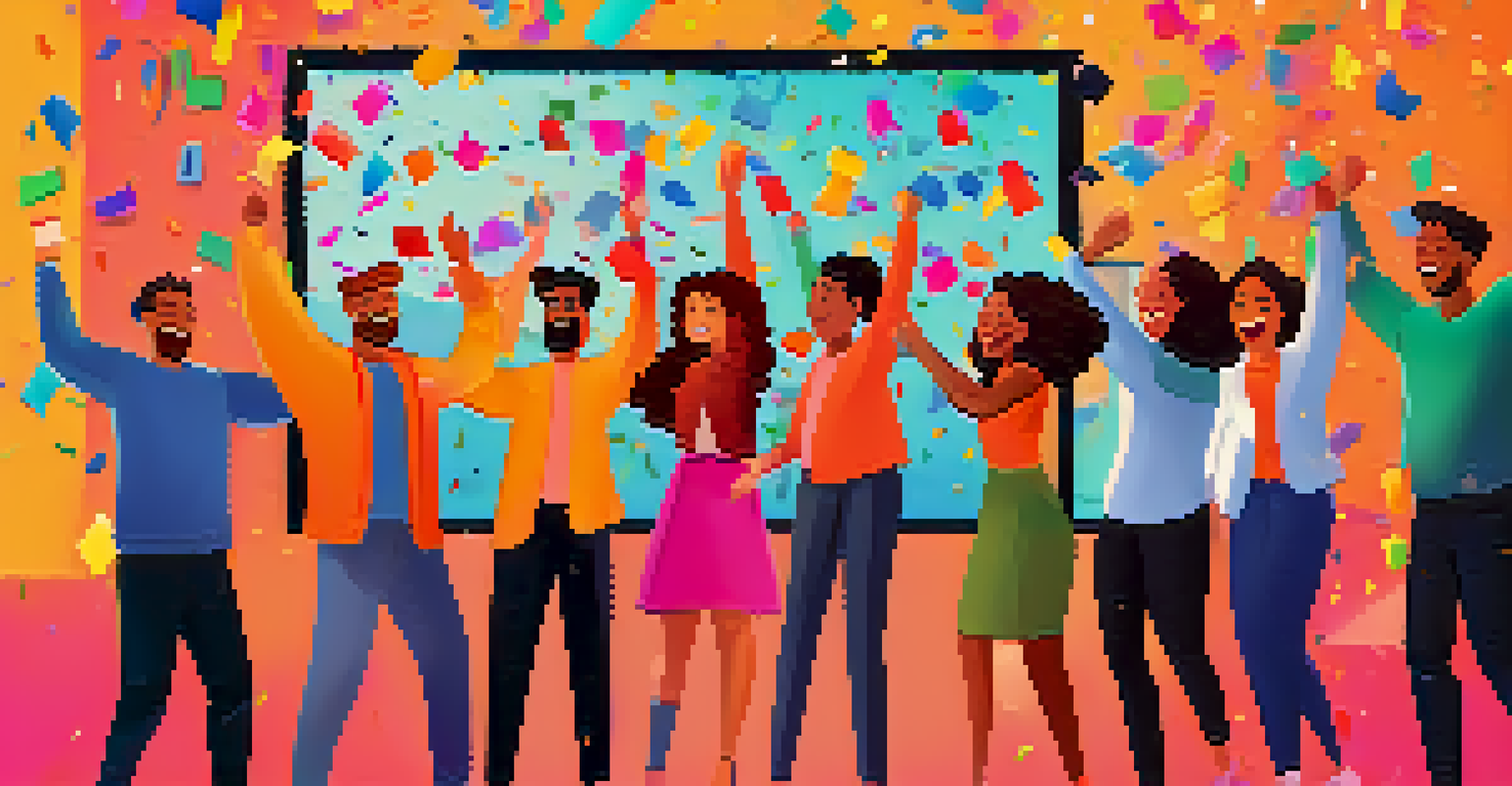 A team celebrating after a successful virtual meeting, with digital confetti and joyful expressions.