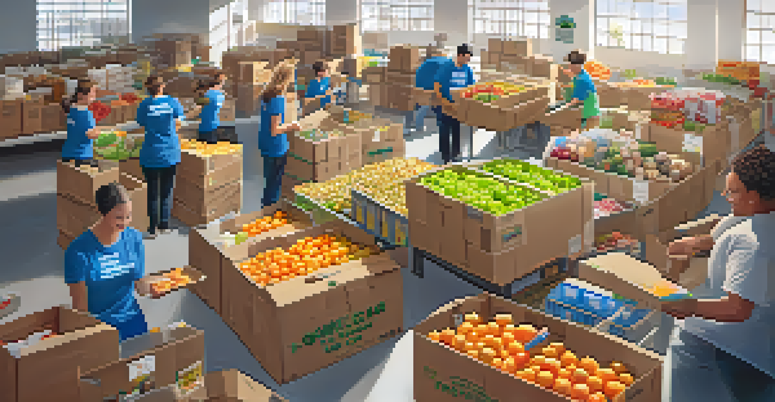 Employees volunteering at a food bank, sorting and packing donations, showcasing teamwork and corporate social responsibility.