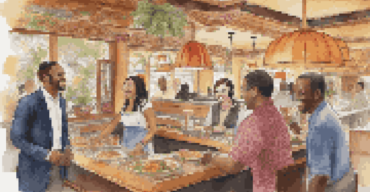 A friendly restaurant staff serving a diverse group of customers in a culturally decorated space.