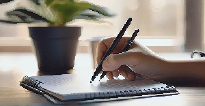 A hand writing career goals on a notepad in a softly blurred workspace with a laptop and a cup of coffee.