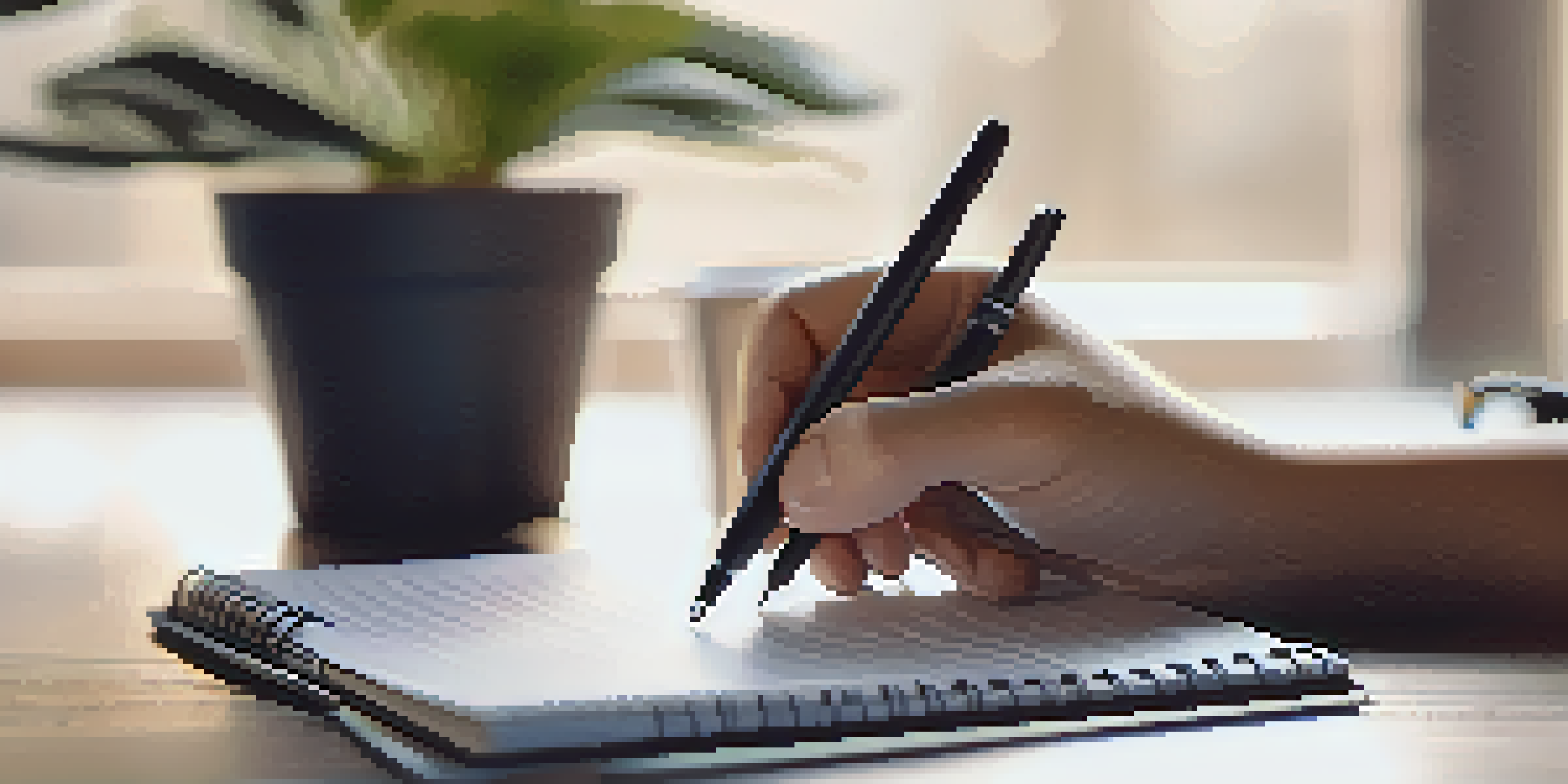 A hand writing career goals on a notepad in a softly blurred workspace with a laptop and a cup of coffee.