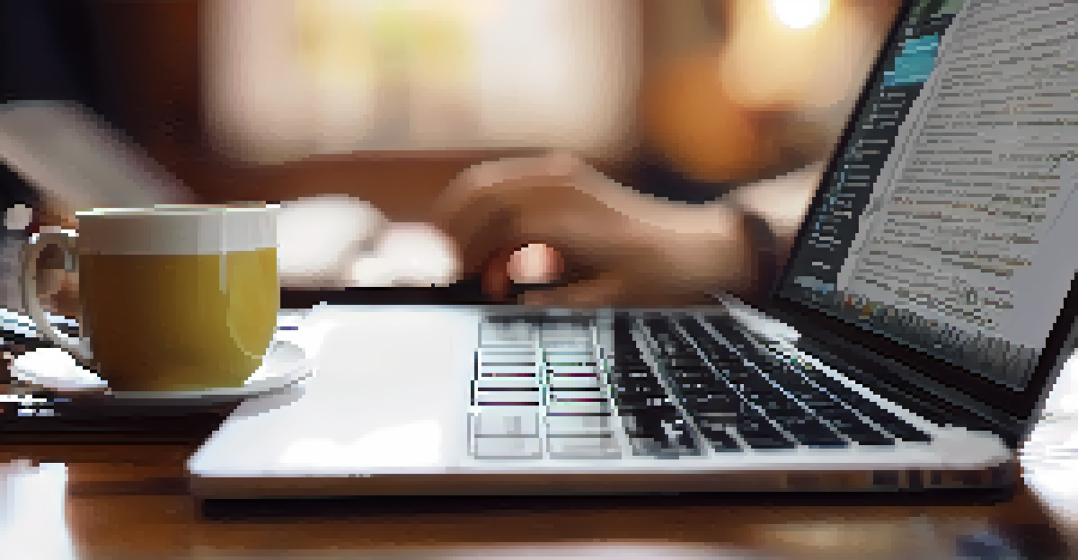 A close-up of hands typing on a laptop with a job description visible on the screen.