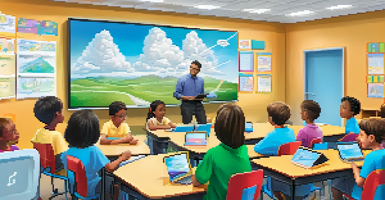 A classroom scene where a teacher is explaining cloud computing to students using an interactive whiteboard, surrounded by technology and a bright atmosphere.