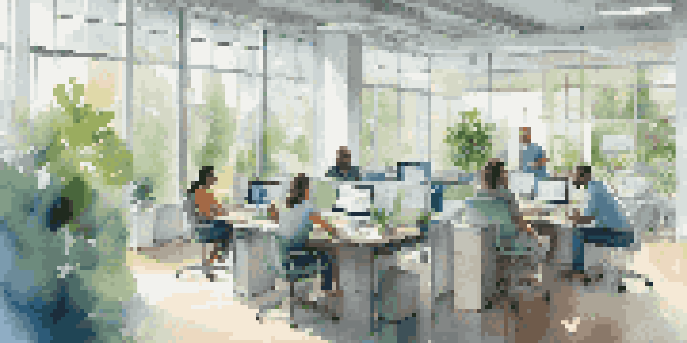 A diverse group of employees working together in a bright modern office, collaborating with laptops and digital tools.