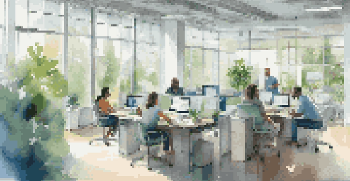 A diverse group of employees working together in a bright modern office, collaborating with laptops and digital tools.