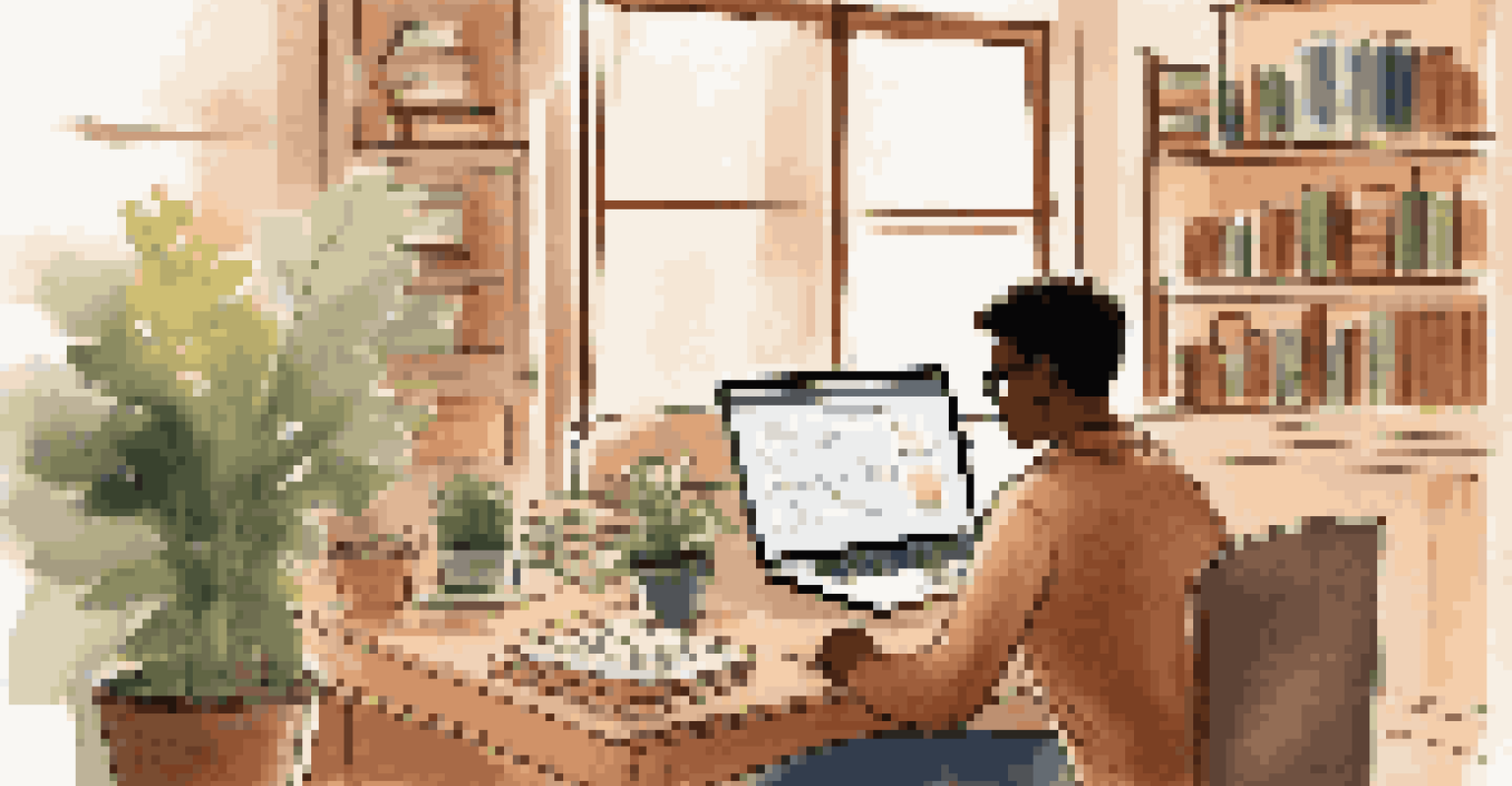 A student studying online with a laptop and books in a cozy room.