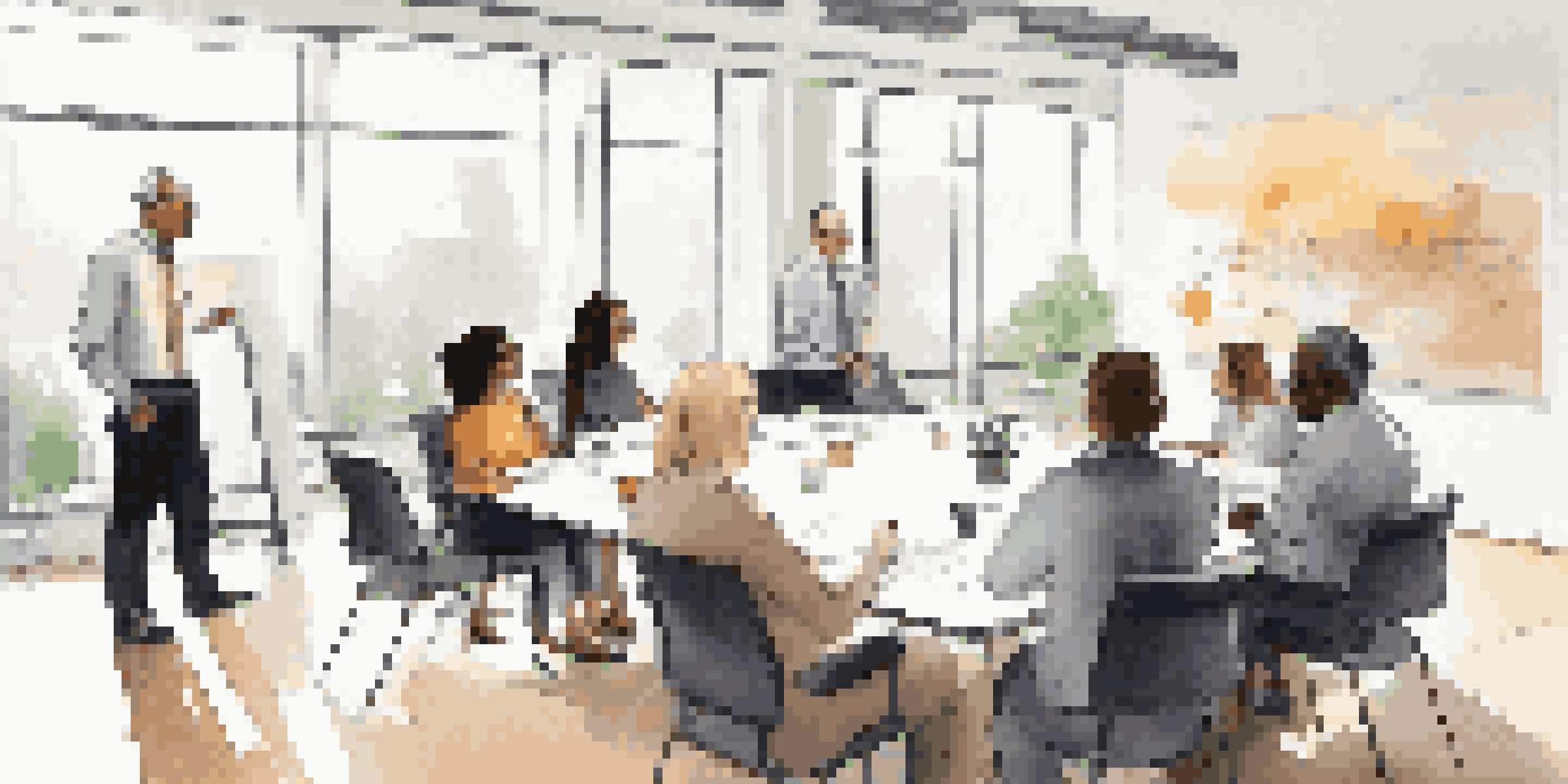 A diverse group of professionals in a bright office engaged in a coaching session, with a whiteboard showing strategies.