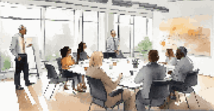 A diverse group of professionals in a bright office engaged in a coaching session, with a whiteboard showing strategies.