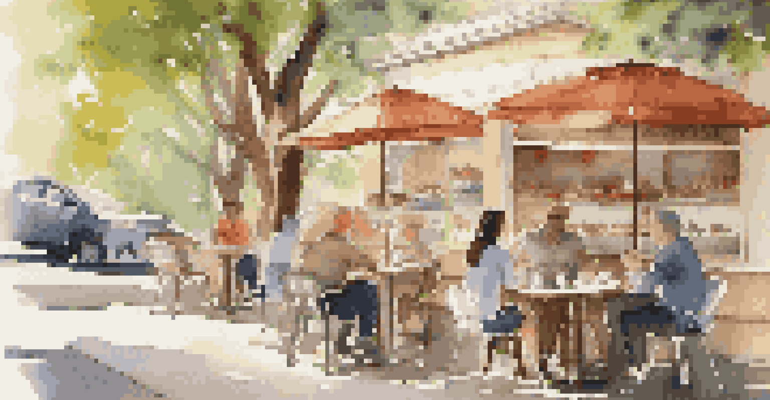 Two individuals engaged in a friendly conversation over coffee at an outdoor café, with warm sunlight filtering through the trees.