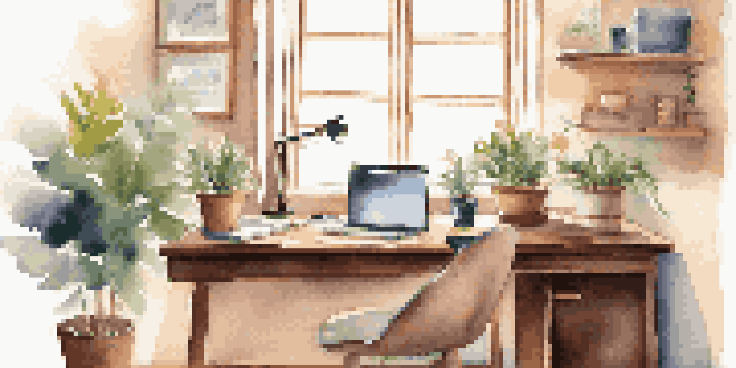 A cozy home office with a laptop, a potted plant, and a cup of coffee in soft morning light.