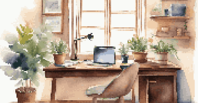 A cozy home office with a laptop, a potted plant, and a cup of coffee in soft morning light.