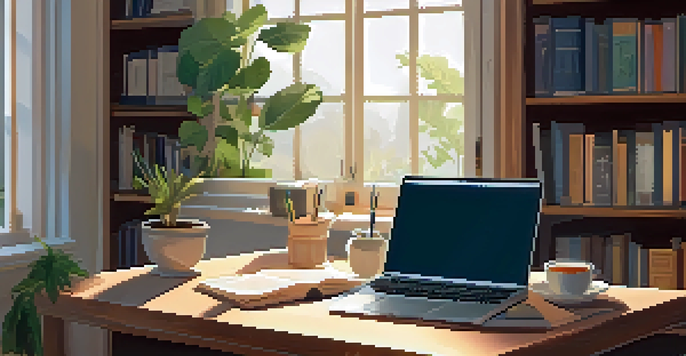 A comfortable home study area with a wooden desk, laptop, books, and a plant, illuminated by soft natural light from a window.