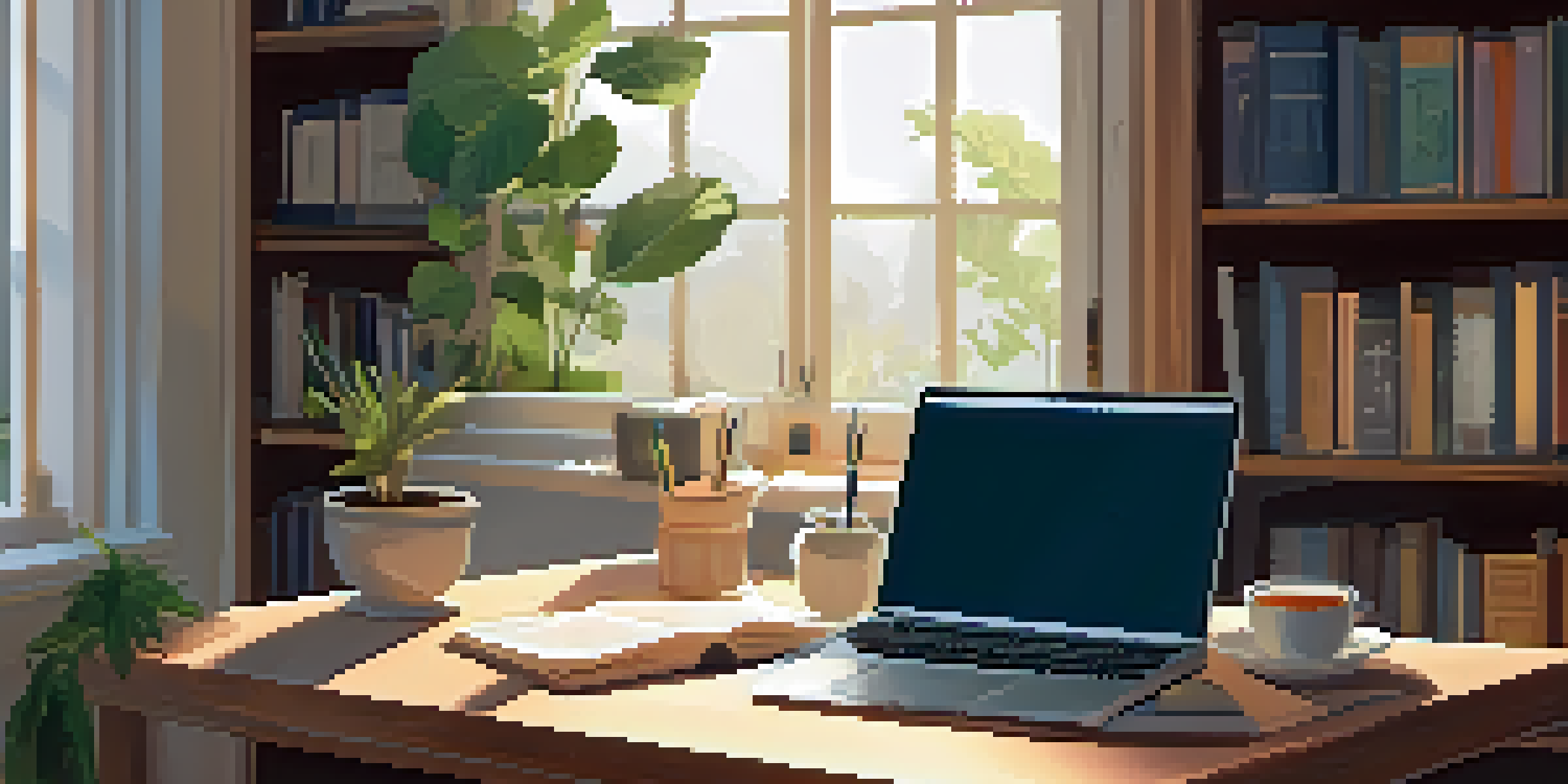 A comfortable home study area with a wooden desk, laptop, books, and a plant, illuminated by soft natural light from a window.