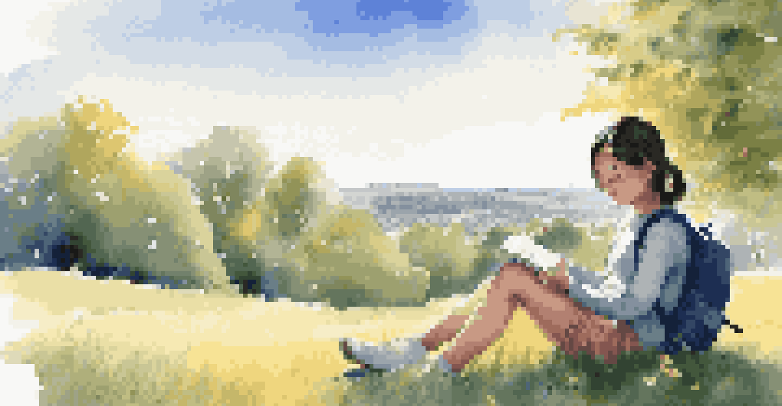 A student reading a book on a grassy hill, surrounded by flowers and bathed in warm sunlight, with a blue sky above.