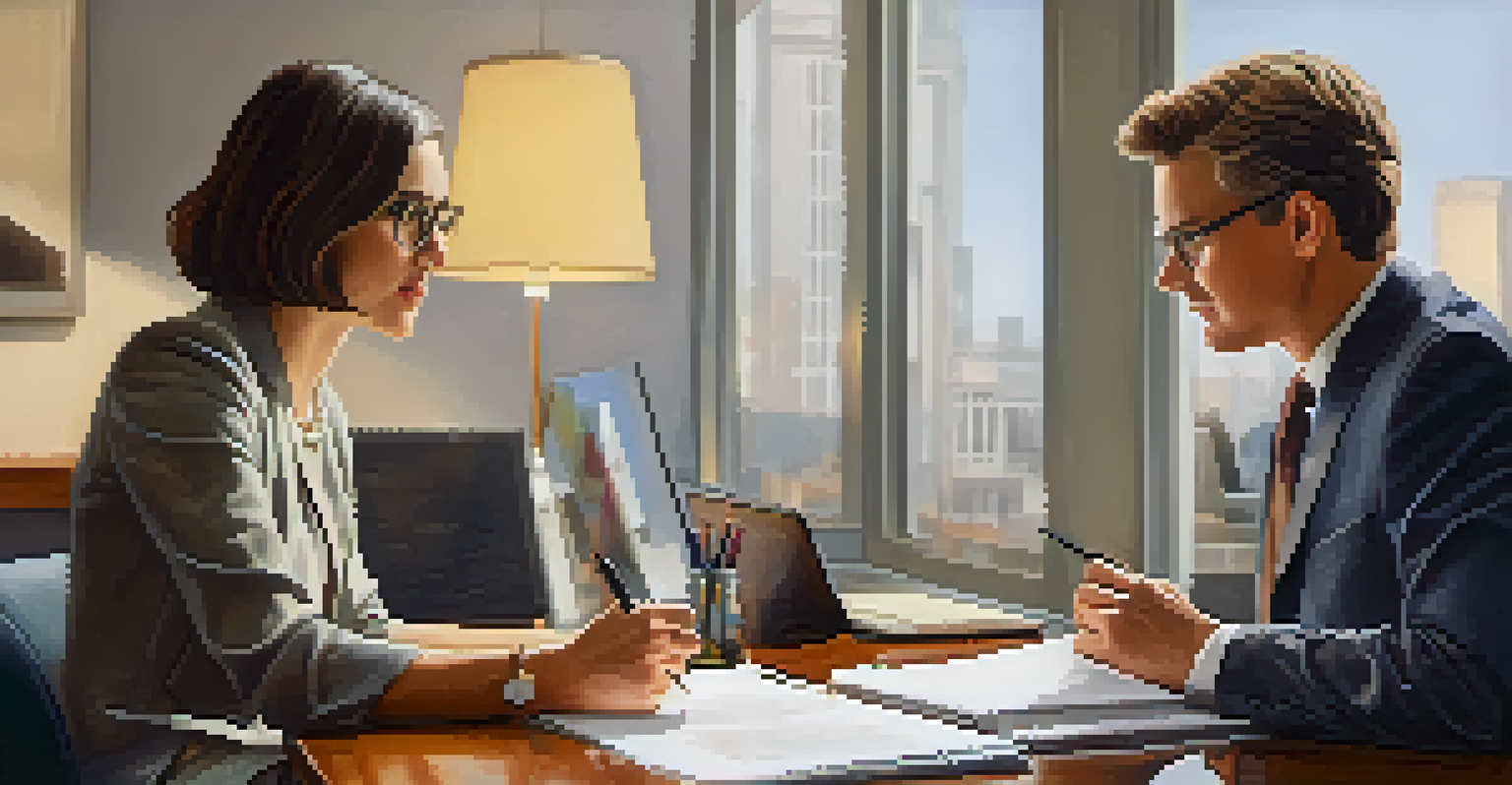 A mentor and a young professional having a focused conversation in an office, with documents on the table and soft lighting.