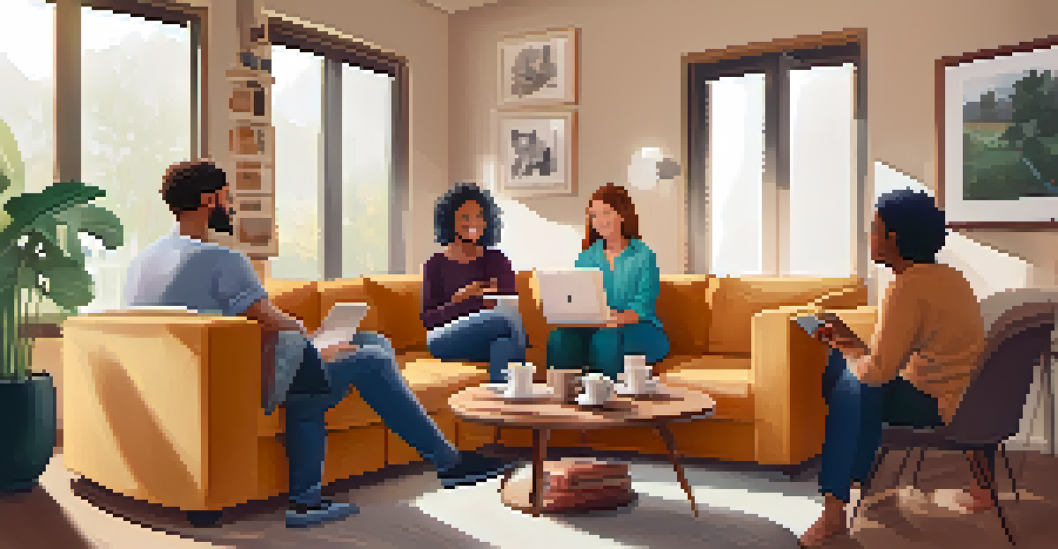 A relaxed virtual coffee break with colleagues chatting over a video call, each holding a cup.