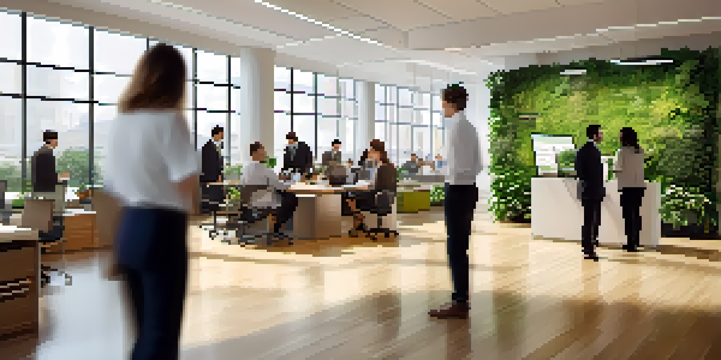 A diverse group of employees in a bright office space, collaborating on a corporate social responsibility project surrounded by greenery.