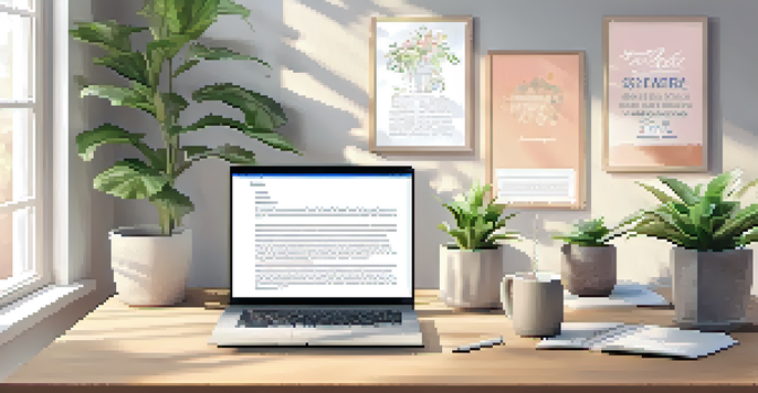A bright and organized office space featuring a wooden desk, an open laptop, a coffee cup, and a small plant, with sunlight pouring in through a window.
