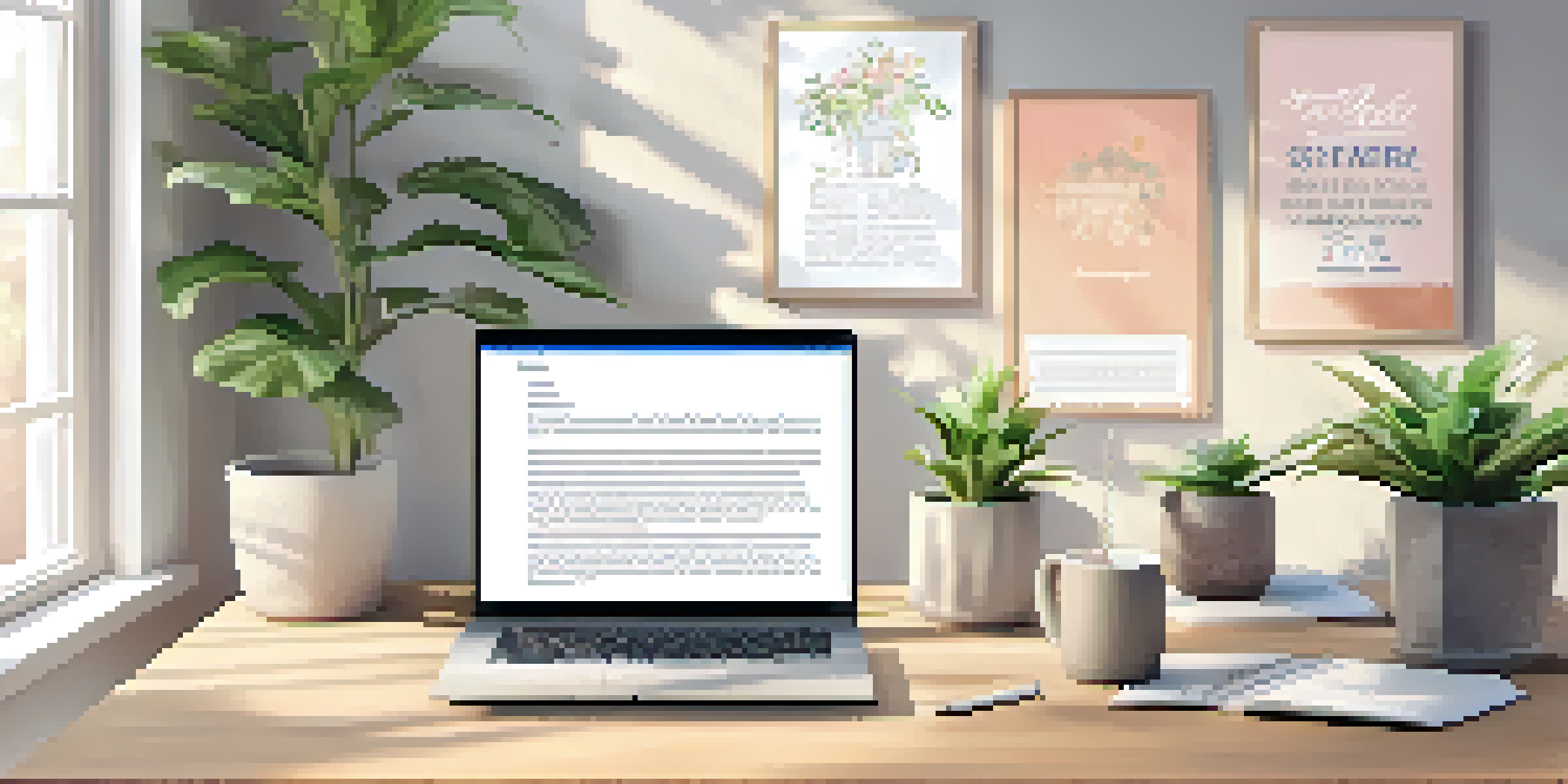 A bright and organized office space featuring a wooden desk, an open laptop, a coffee cup, and a small plant, with sunlight pouring in through a window.