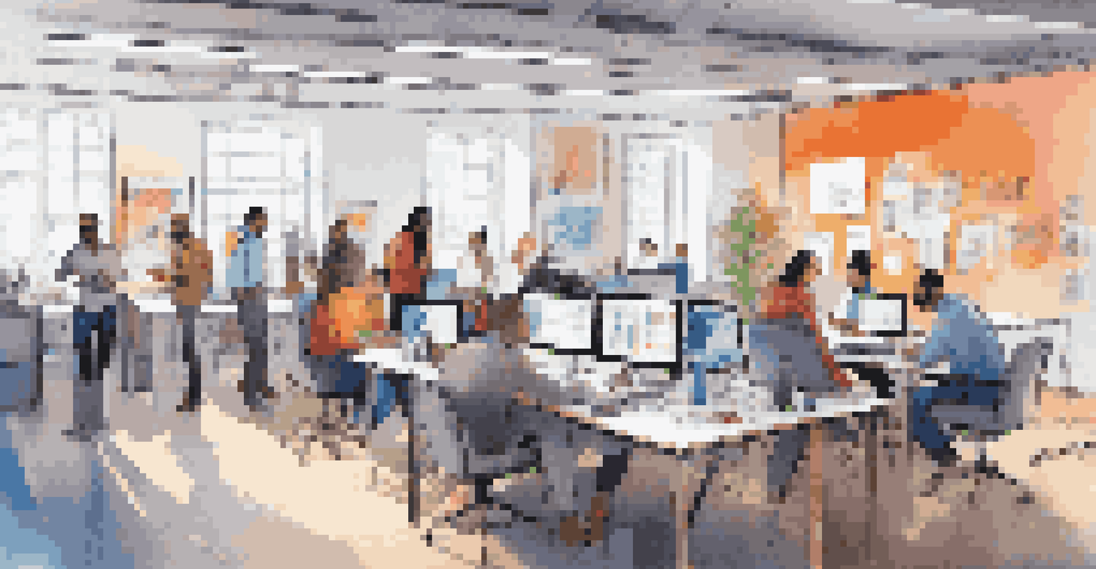A lively open-plan office with diverse employees working together, showcasing collaboration with laptops, tablets, and a whiteboard in a colorful environment.