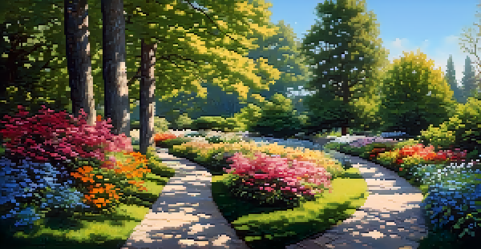 A winding path through a vibrant garden with blooming flowers and tall trees under a clear blue sky.