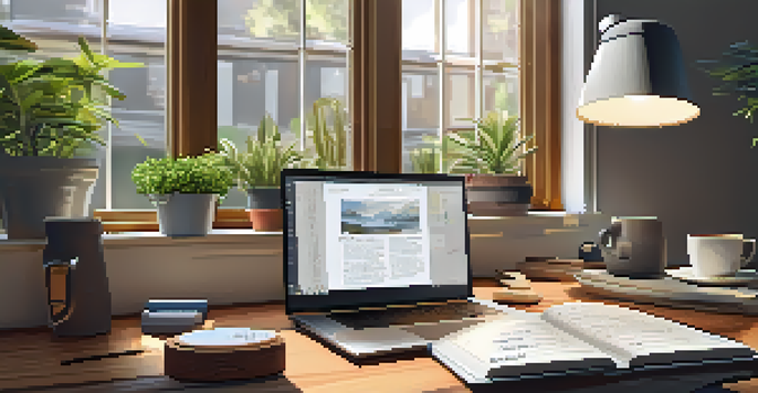 A well-organized desk with a laptop, notepad, coffee cup, and a potted plant, illuminated by natural light.