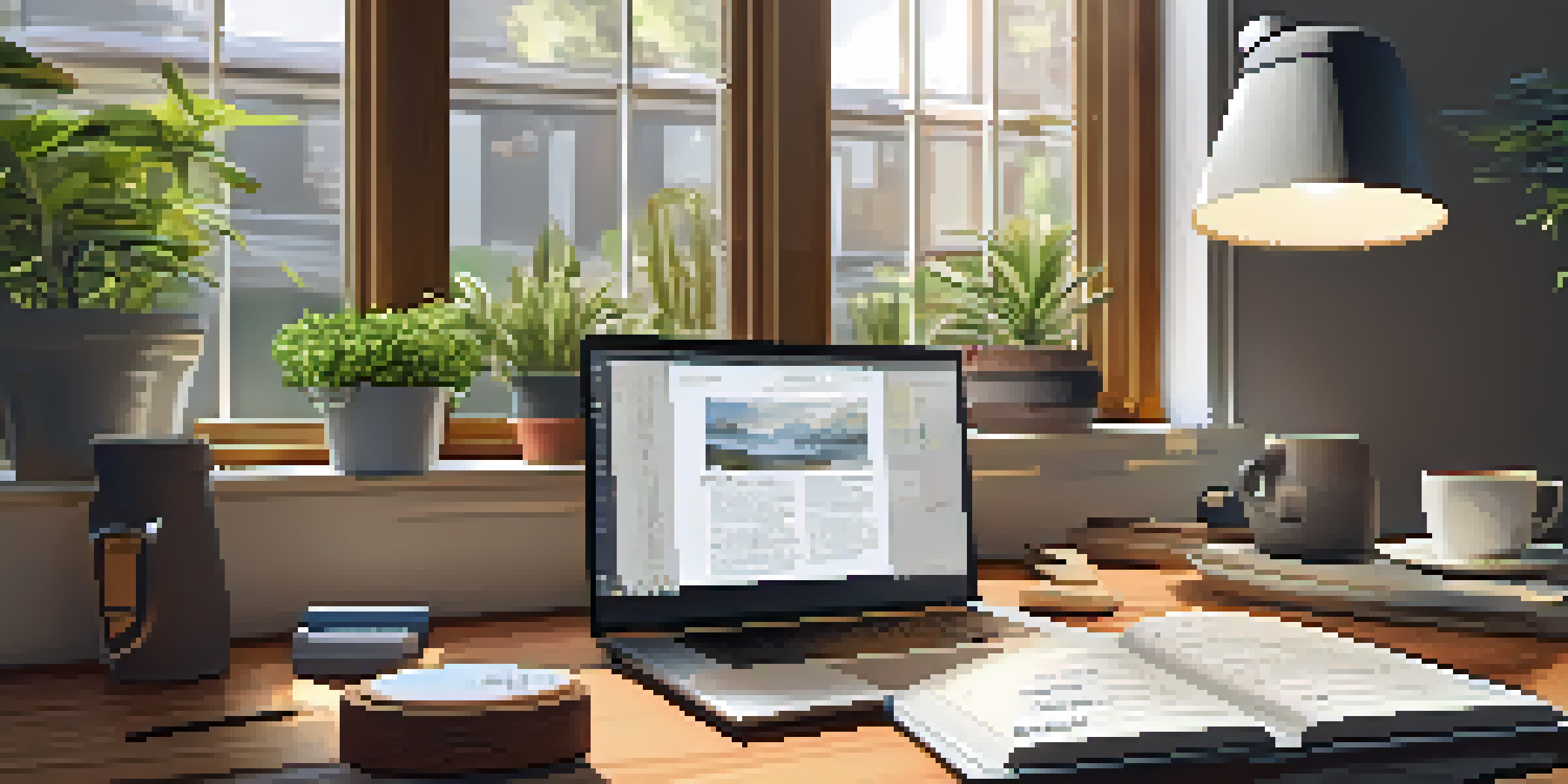 A well-organized desk with a laptop, notepad, coffee cup, and a potted plant, illuminated by natural light.