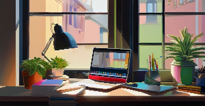 A bright work desk with a laptop, colorful notebooks, and a potted plant, illuminated by warm sunlight.
