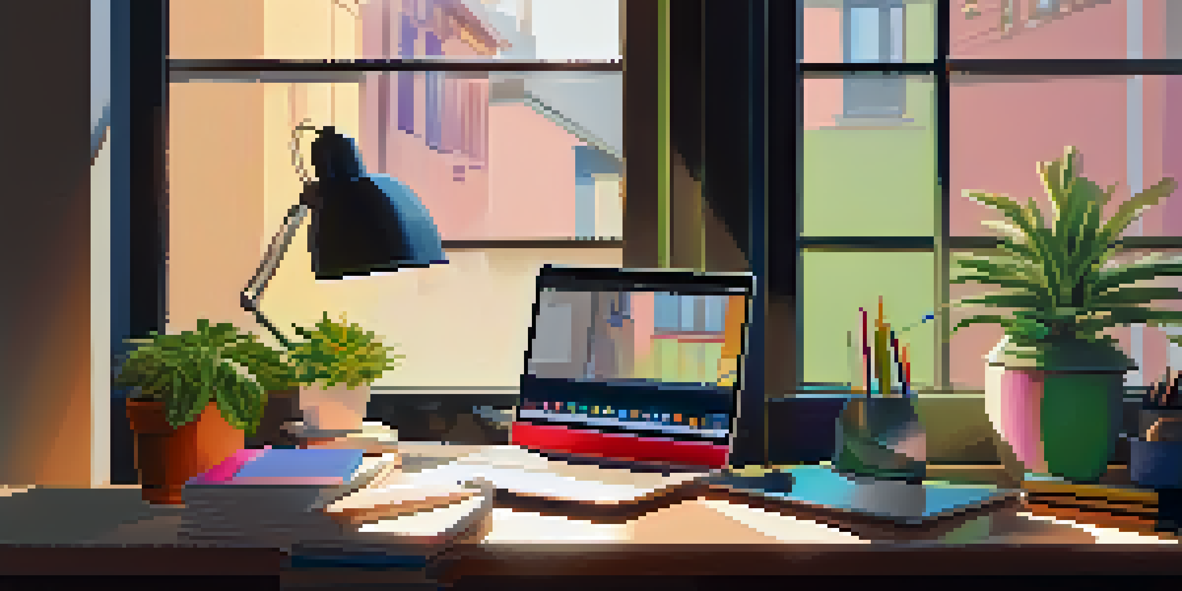 A bright work desk with a laptop, colorful notebooks, and a potted plant, illuminated by warm sunlight.