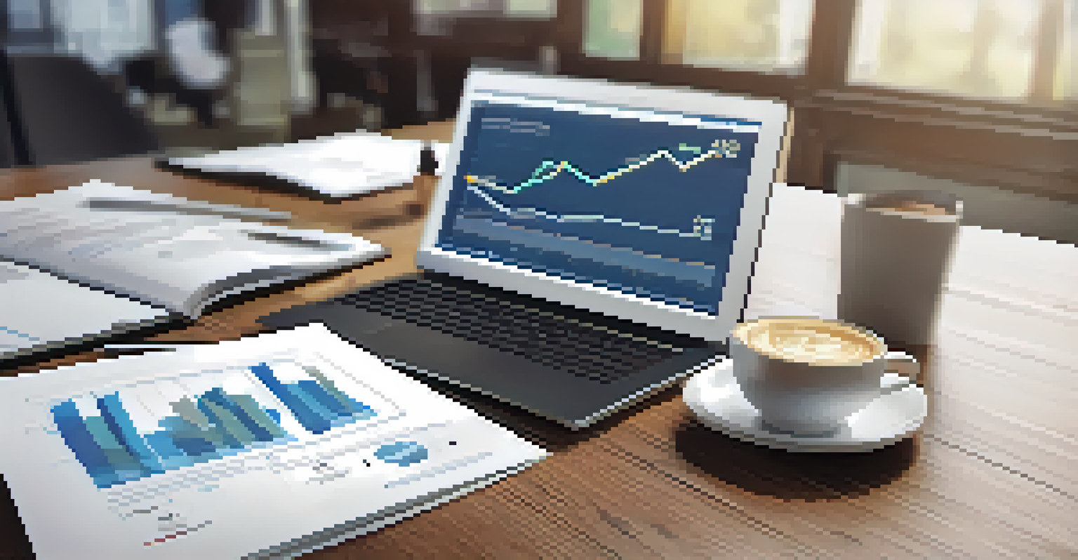 A close-up of a CSR report with charts and graphs on a wooden table, with a laptop and coffee cup nearby.