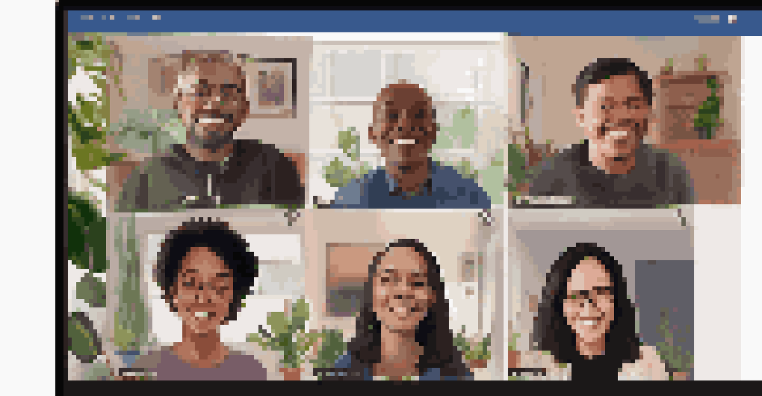 A virtual meeting with a diverse group of people smiling and engaging on a video call, displayed on a large screen in a cozy setting.