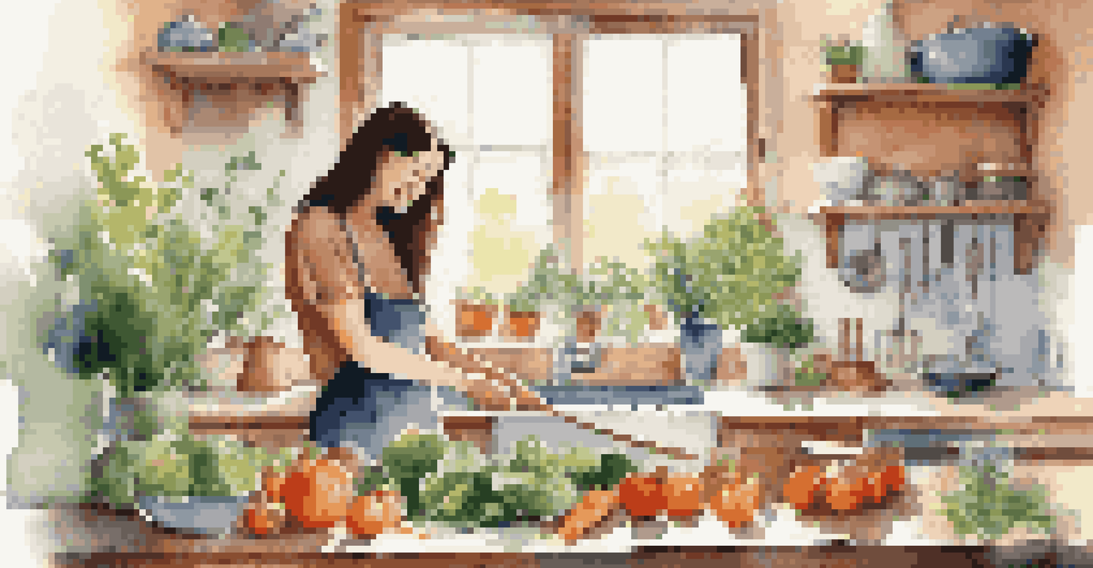 A person in a cozy kitchen preparing a healthy meal, surrounded by fresh ingredients and natural light, radiating a sense of joy and self-care.