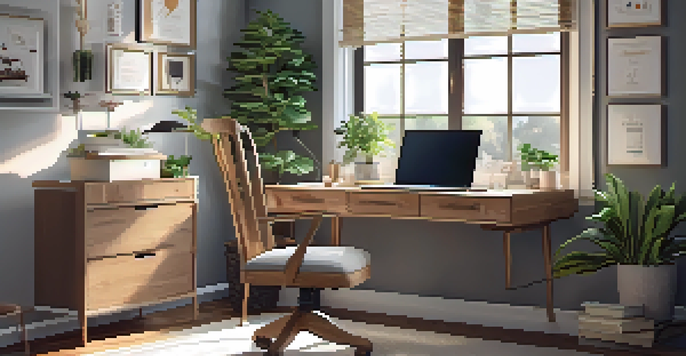 A cozy home office with a desk, laptop, ergonomic chair, and indoor plant, illuminated by natural light.