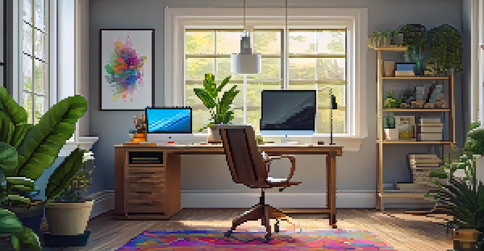 A warm and inviting home office with a desk, laptop, plants, and natural light.