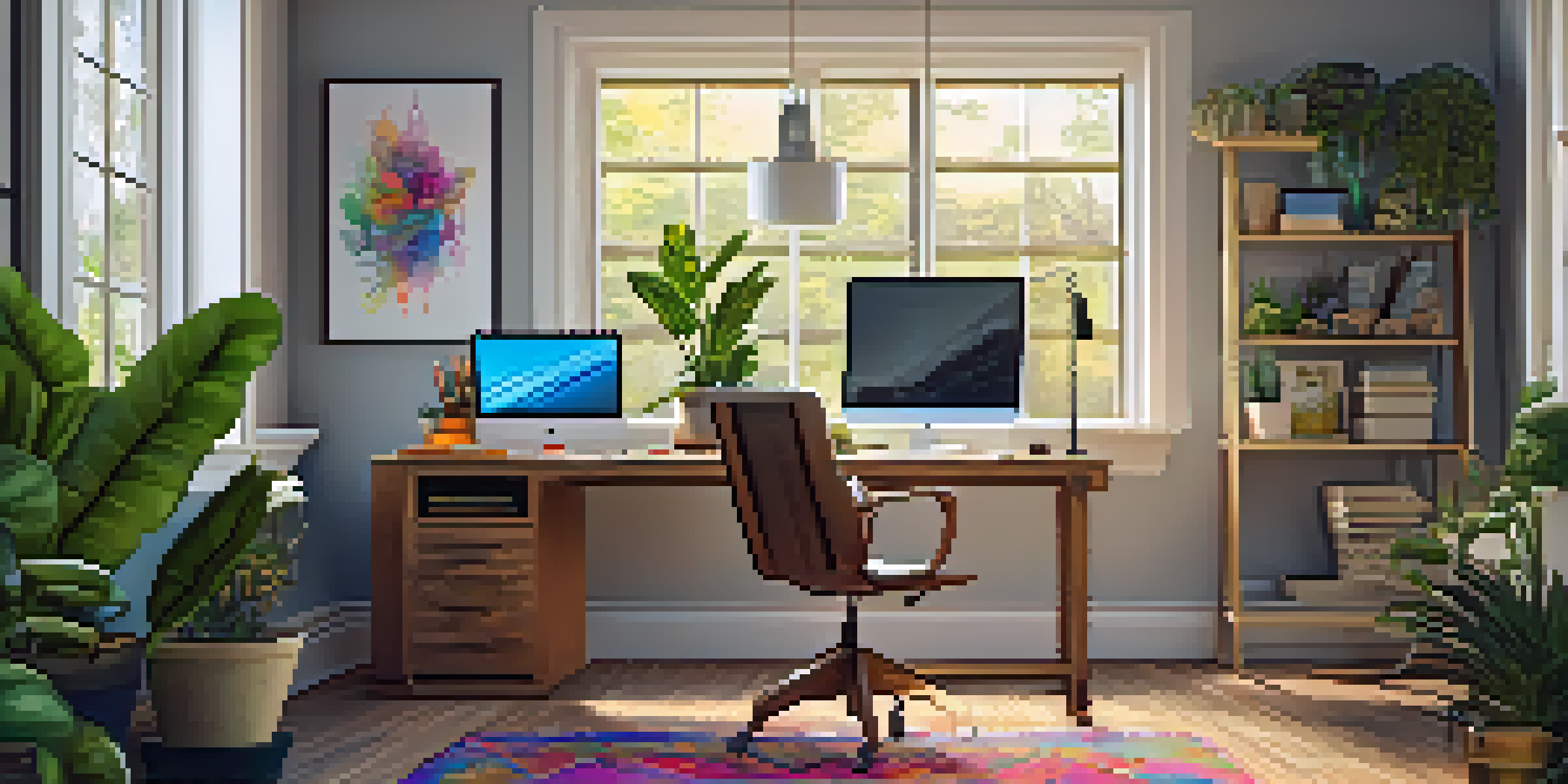 A warm and inviting home office with a desk, laptop, plants, and natural light.