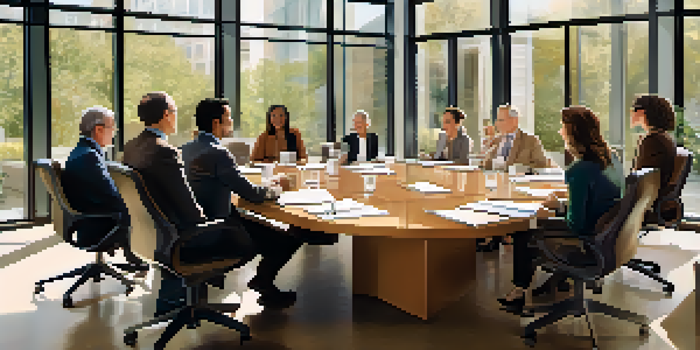 A diverse group of professionals having a discussion at a conference table, with expressions of engagement and collaboration.