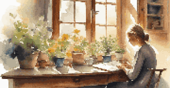 A person journaling at a desk by a window, with plants and a cup of tea, and a garden outside.