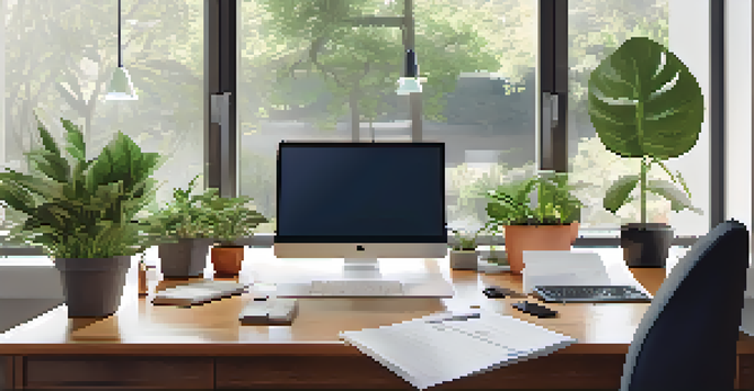 A leader organizing tasks at a desk in a serene office with plants and natural light.