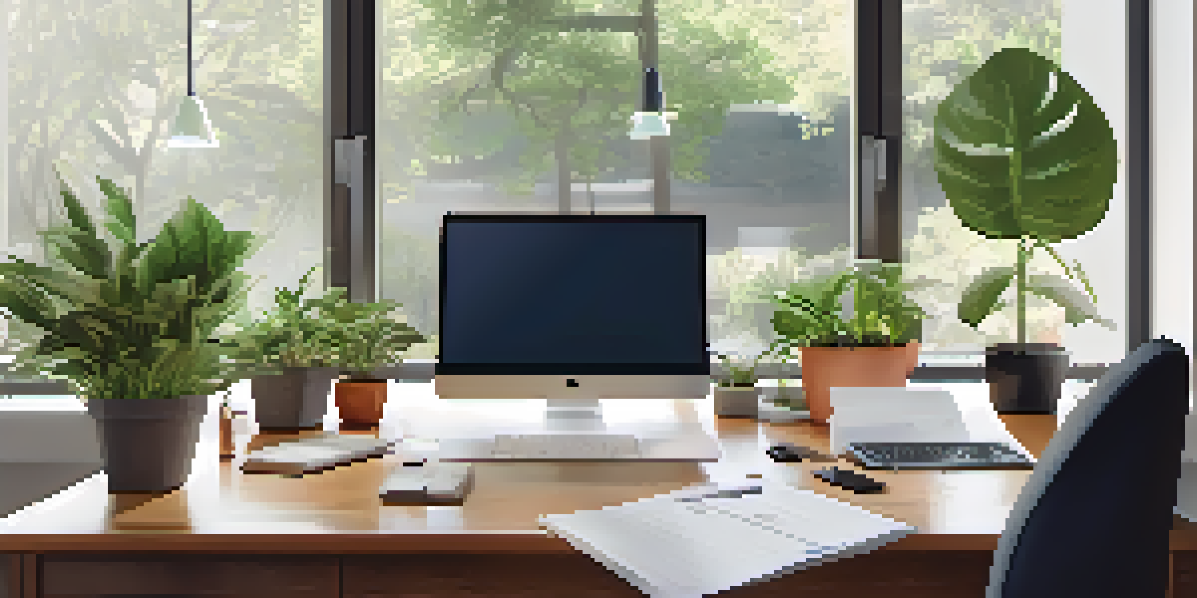 A leader organizing tasks at a desk in a serene office with plants and natural light.