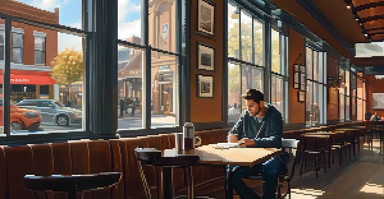 A person in a coffee shop reviewing a portfolio on a laptop, surrounded by warm lighting and cozy decor.