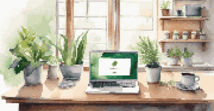 A well-organized workspace with a laptop showing an online store, eco-friendly packaging, and a coffee cup, illuminated by natural light.