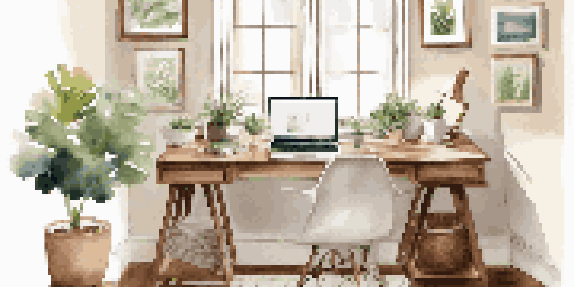 A cozy home office with a wooden desk, an open laptop, a cup of coffee, framed quotes on the wall, and a potted plant, all illuminated by warm afternoon light.