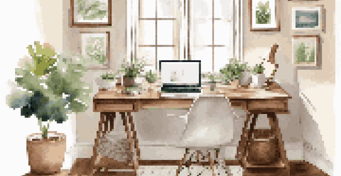 A cozy home office with a wooden desk, an open laptop, a cup of coffee, framed quotes on the wall, and a potted plant, all illuminated by warm afternoon light.