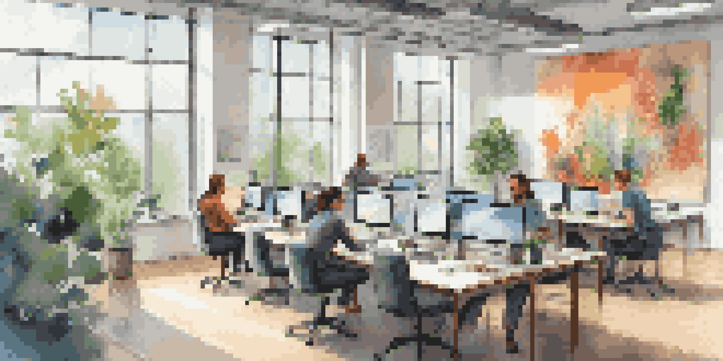 A bright and modern office environment with employees collaborating and working together around a large table.