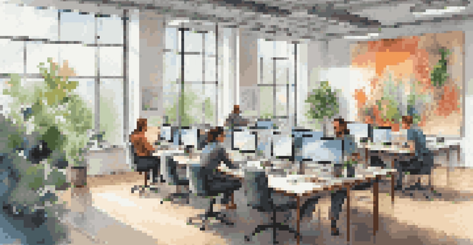 A bright and modern office environment with employees collaborating and working together around a large table.