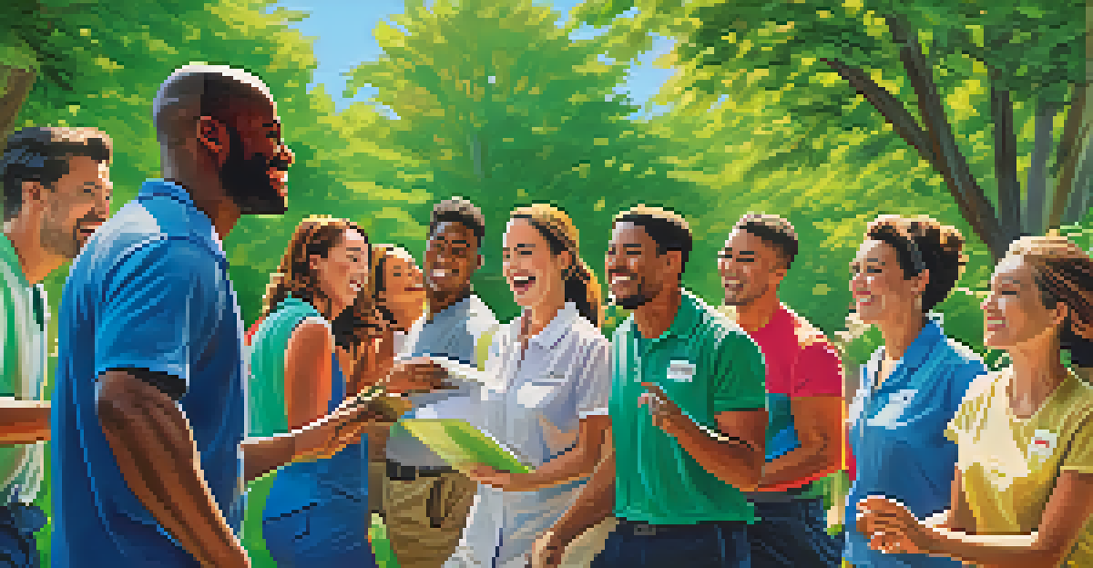 A group of employees participating in a team-building activity outdoors, laughing and engaging in teamwork under blue skies and surrounded by greenery.